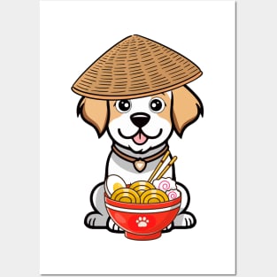 Funny happy dog is eating noodles Posters and Art